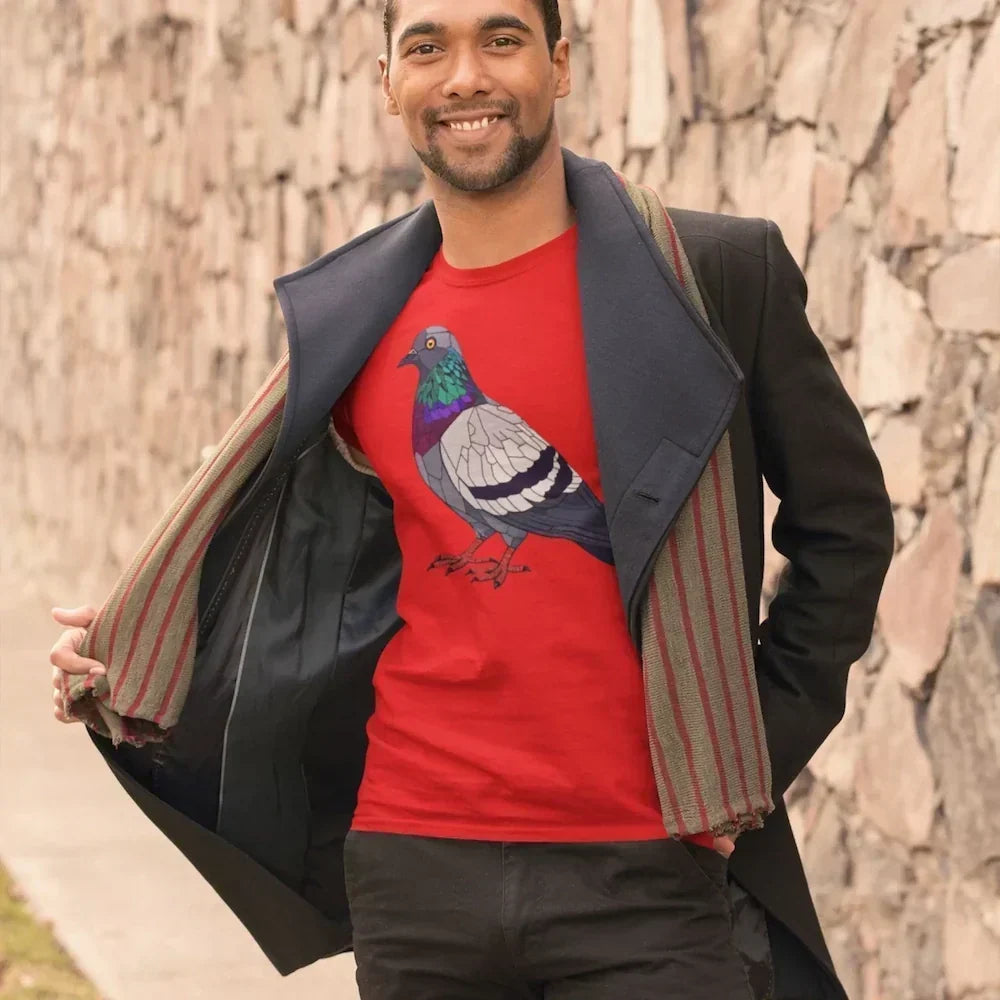 Geometric Pigeon T-Shirt in red worn by a male model