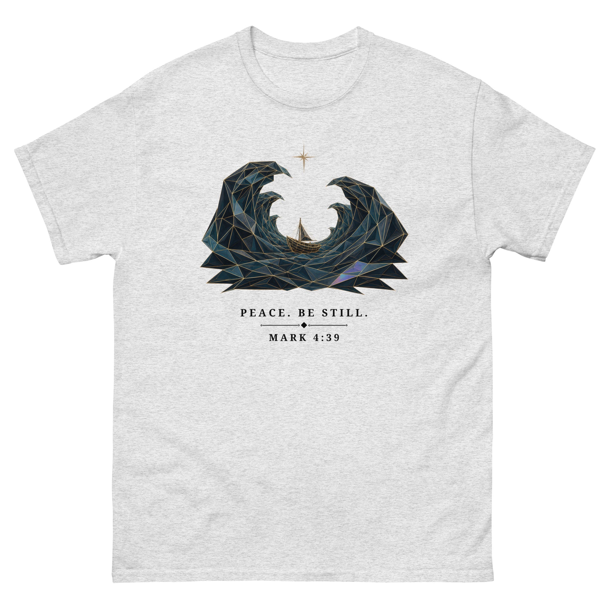 Jesus t shirt with Peace Be Still Mark 4:39 artwork from Infinitees